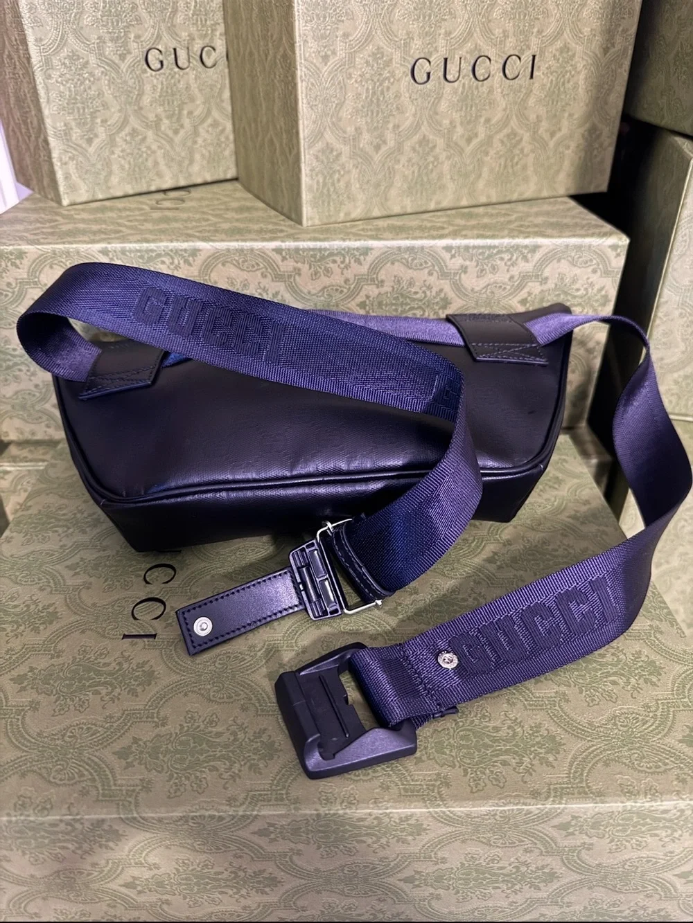 Gucci Black GG-Embossed Leather Belt Bag with Blue Accent